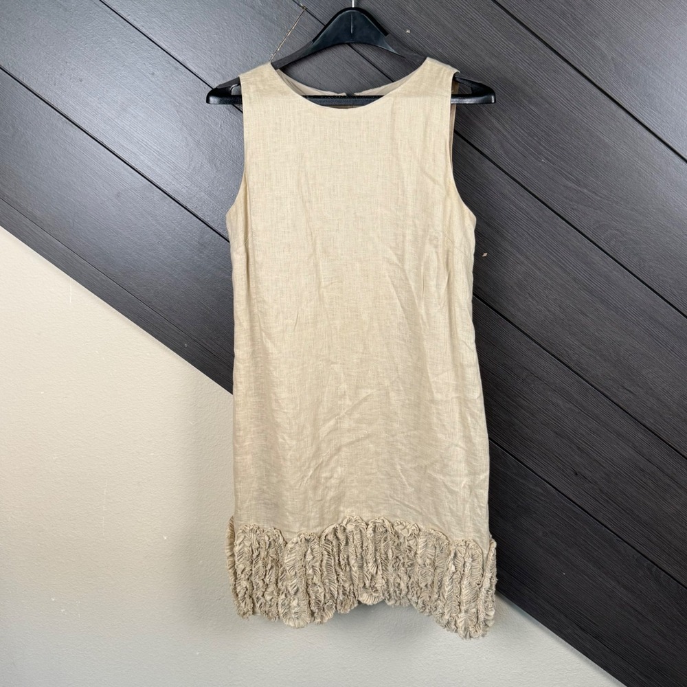 Taylor Women's Size 6 Linen Blend Shift Dress Beige Fringe Hem Boho Costal